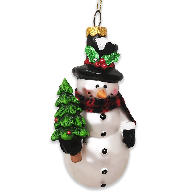Comfy Snowman and Radiant Christmas Tree Blown Glass Holiday Ornament