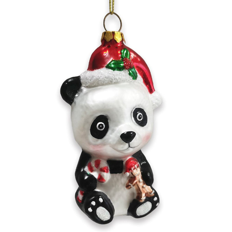 Cute Panda with Santa Hat and Gift Blown Glass Christmas Ornament