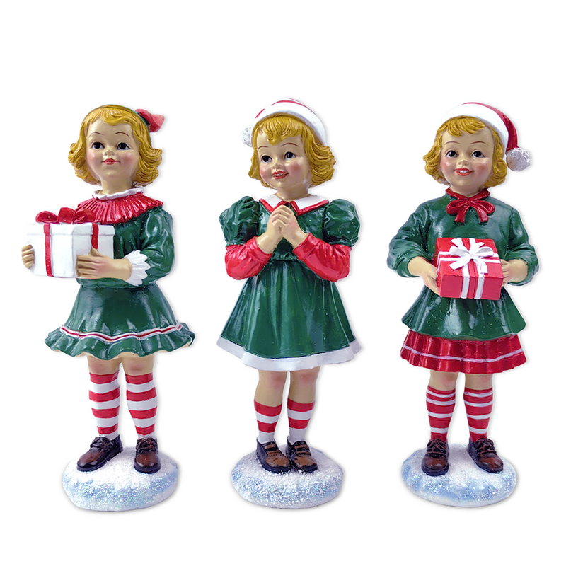 (Pre-Order) Elegant Victorian Christmas Girl Set of Three Figurines, 6" Holiday Home Decor