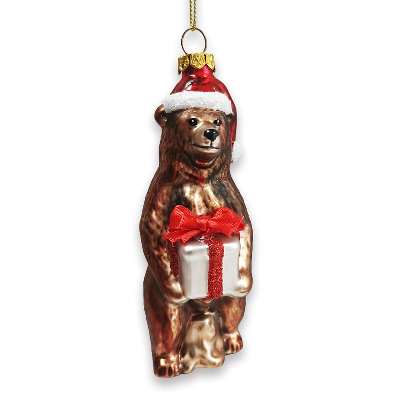 Grizzly Bear with Santa Hat and Gift Glass Christmas Ornament
