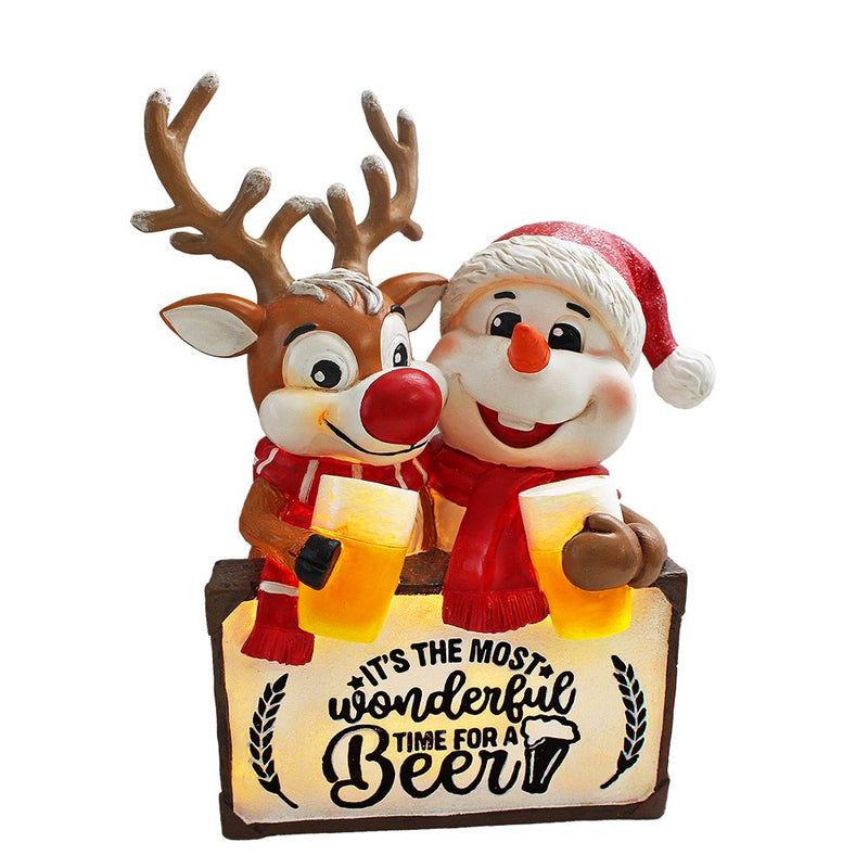 It's the Most Wonderful Time for a Beer Festive Figurine, 8" Snowman and Reindeer Christmas Party Statue