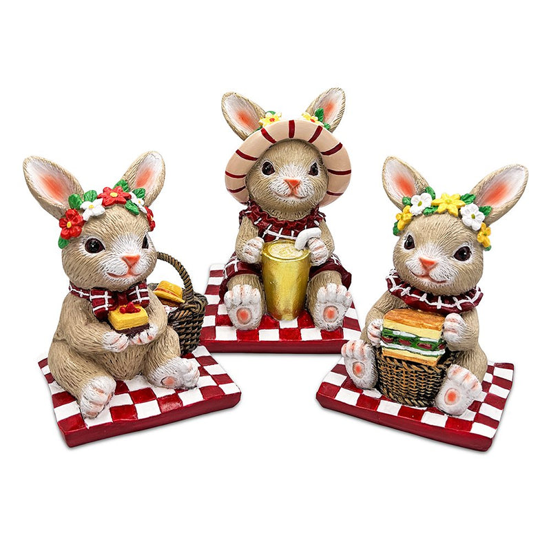 Joyful Picnic Gathering Bunny Trio Set of Three Figurines, Spring Rabbit Statue 4.5" Decor