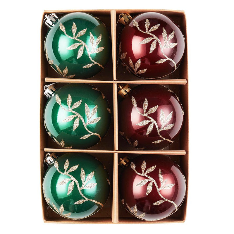Majestic Gold Glittered Floral Bauble Christmas Ornament Set, 6 Pieces of Maroon and Green Round Tree Balls