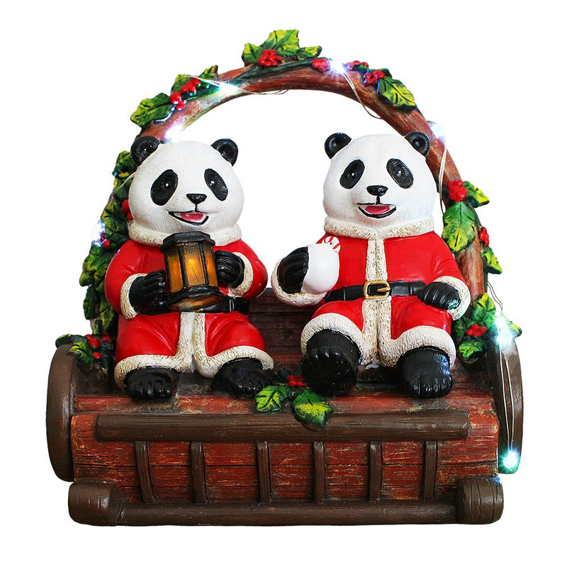 Nostalgic Panda Duo Festive Lighted Figurine, 6" LED Christmas Bear Statue