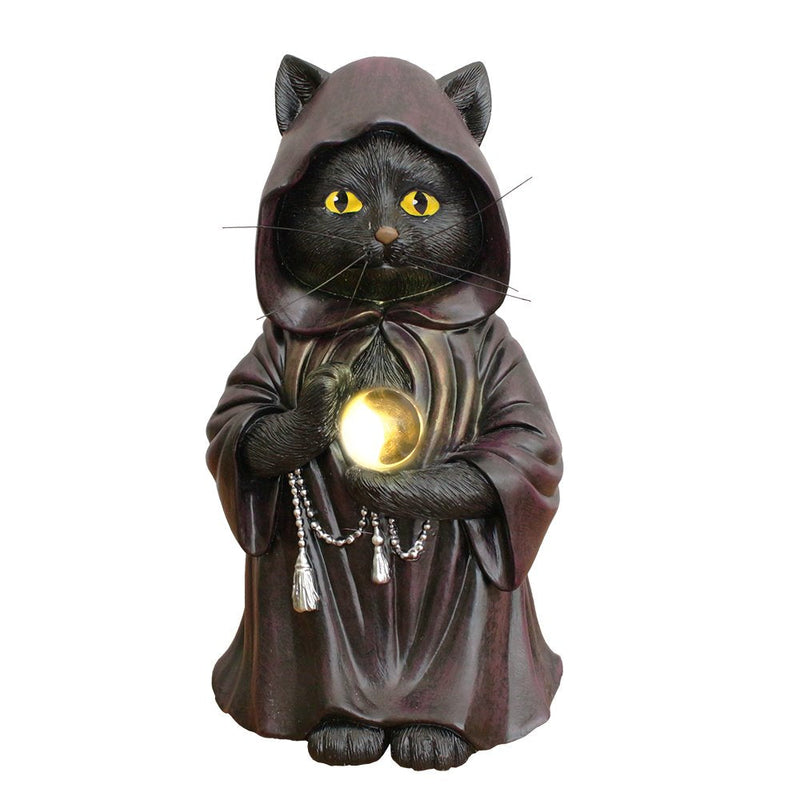(Pre-Order) Ominous Black Cat Wizard Figurine, 7" Solar Light Gothic Yard Statue Decor