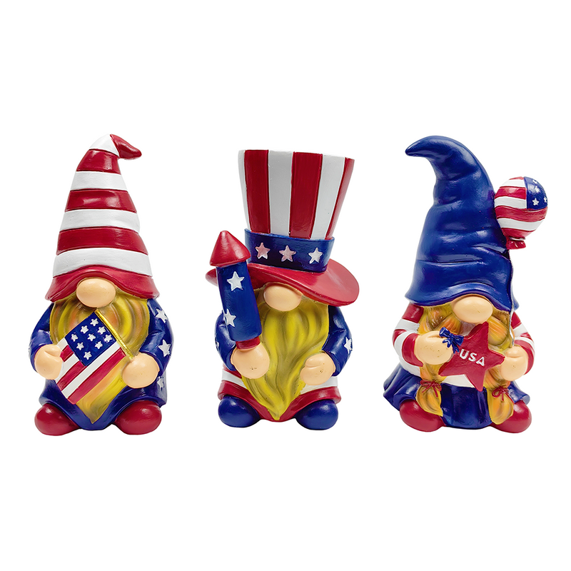 Patriotic Gnome Trio Figurines, 6" Set of Three Garden Statues and July 4th Decoration