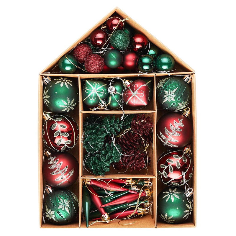 Sophisticated Red and Green Saturated Ornament Ball Bundle Set, Refined Forest Nature Glittered Patterns on Baubles, 70 Pieces