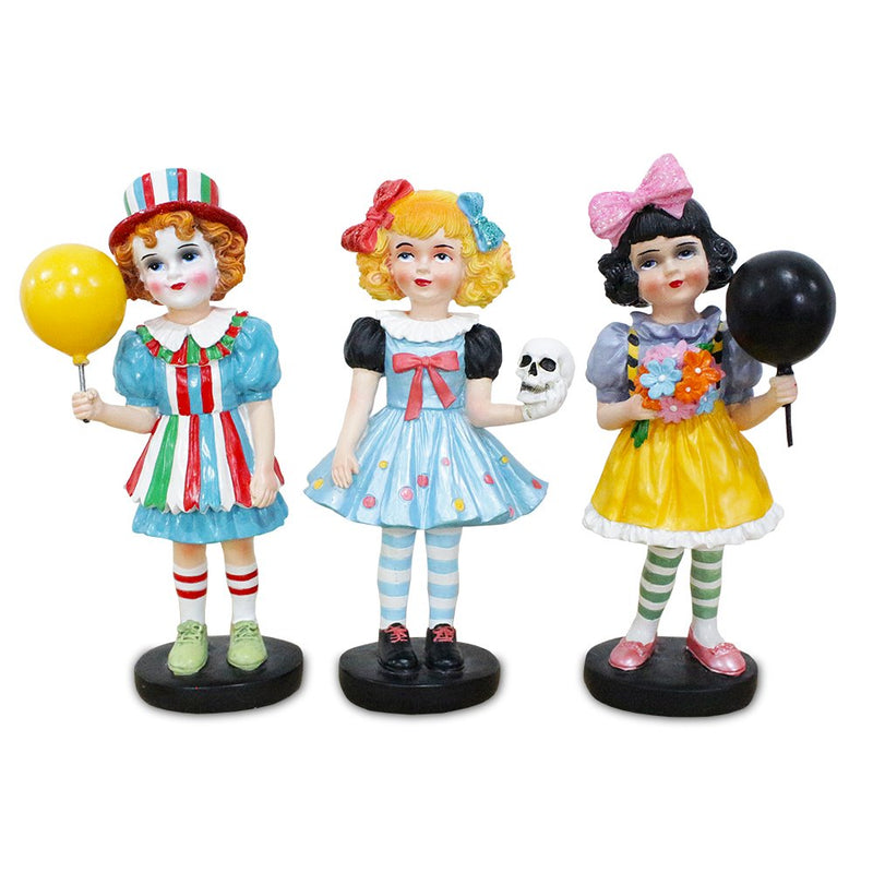 Spooky Victorian Masquerade Girl Trio, 6" Trick or Treat Clown Figurines and Hauntingly Elegant Halloween Decor