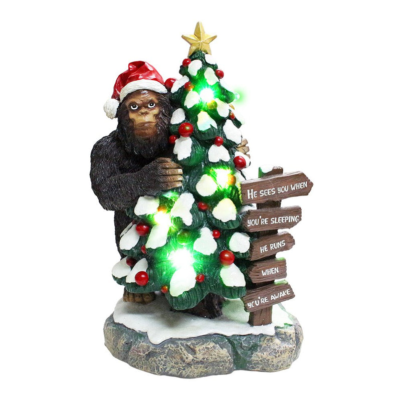 Whimsical Bigfoot Behind Christmas Tree Figurine, 7.5" Funny Holiday Yeti LED Statue, He Sees You When You're Sleeping