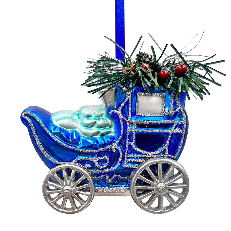 A Marvelous Blue Christmas Set of Four Glass Ornaments with Santa, Truck, Snow Cabin and Sleigh