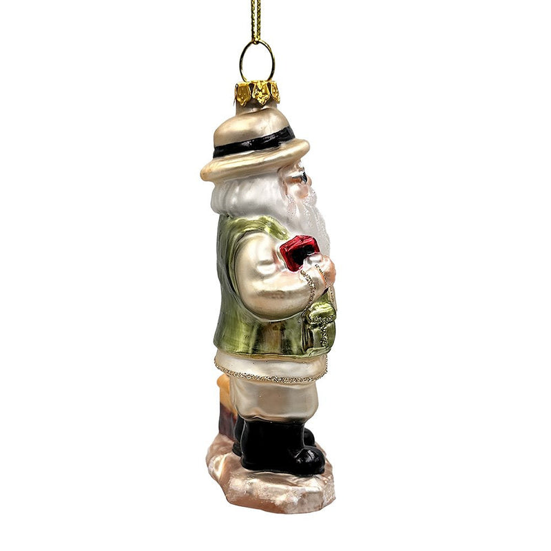 Adventurous Safari Santa Handblown Glass Ornament, African Jungle Explorer Travel Themed Christmas Decor