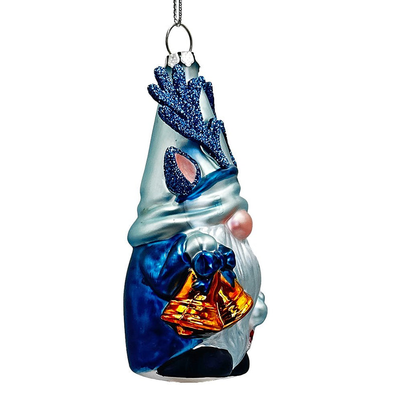 Charming Blue Gnome with Antlers Glass Christmas Ornament