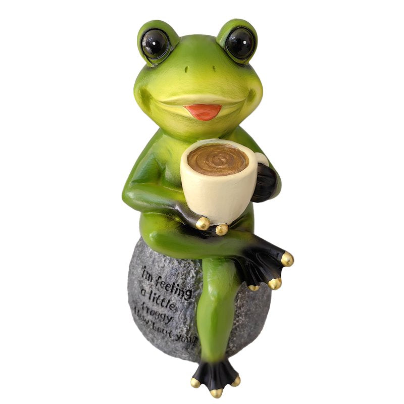 Coffee Drinking Frog Garden Statue with Funny Quote