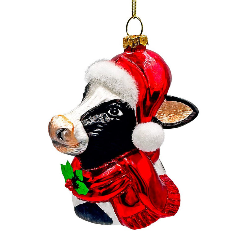 Festive Cow in Wreath Blown Glass Christmas Ornament, Farmhouse Theme Tree Decoration