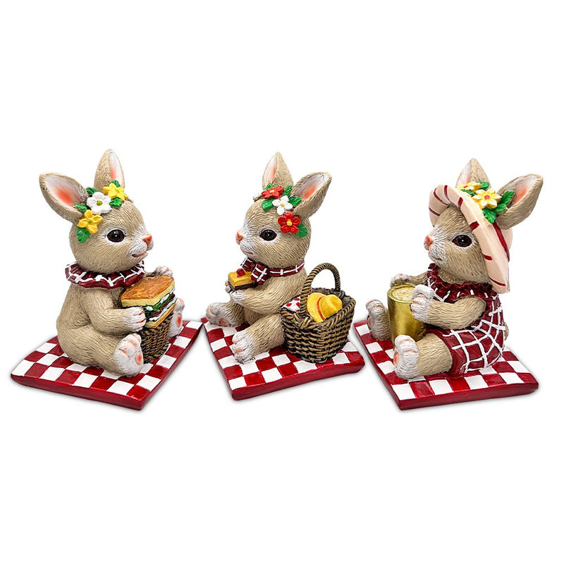 Joyful Picnic Gathering Bunny Trio Set of Three Figurines, Spring Rabbit Statue 4.5" Decor