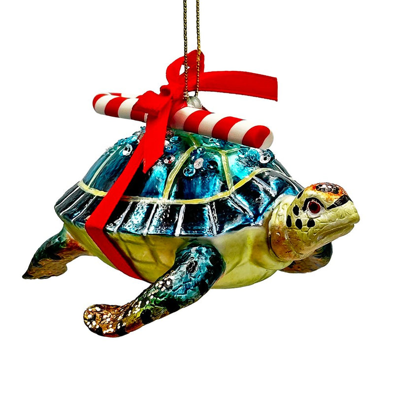 (Pre-Order) Nautical Gift Wrapped Sea Turtle Glass Christmas Ornament, Tropical Beach Holiday Decor