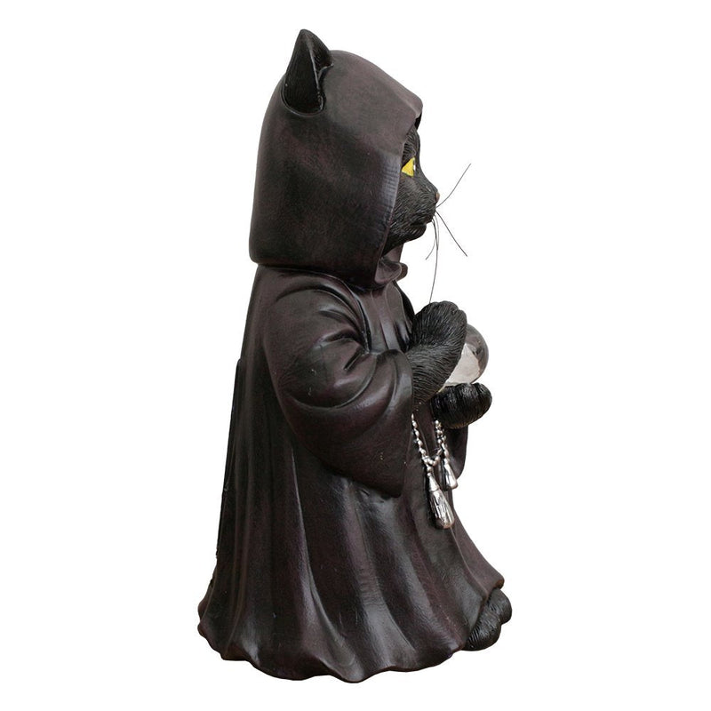 (Pre-Order) Ominous Black Cat Wizard Figurine, 7" Solar Light Gothic Yard Statue Decor