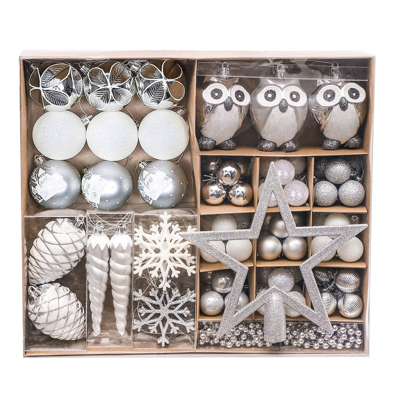 Winter Woodlands Large White and Silver Ornament Set of 90, Glittery Snow Owls, Cones, Snowflakes, and Stalactites