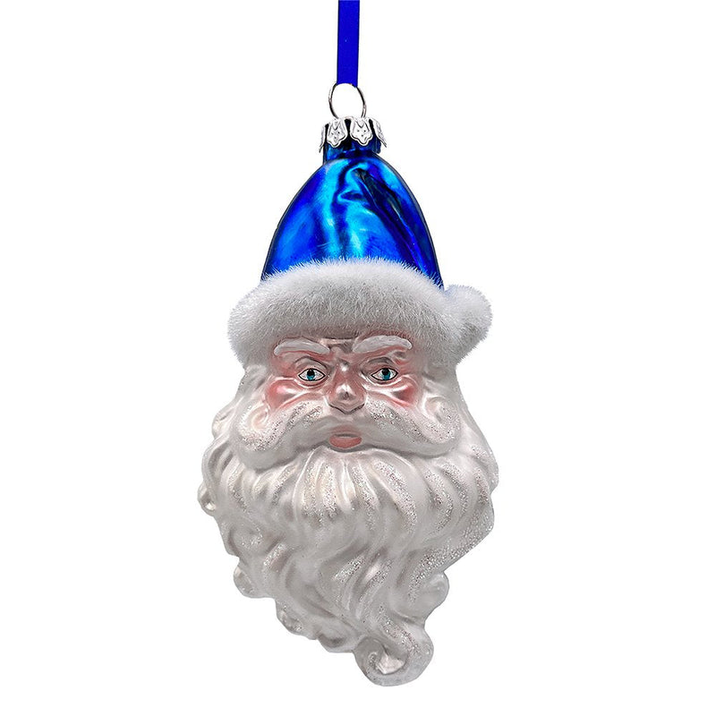 A Marvelous Blue Christmas Set of Four Glass Ornaments with Santa, Truck, Snow Cabin and Sleigh