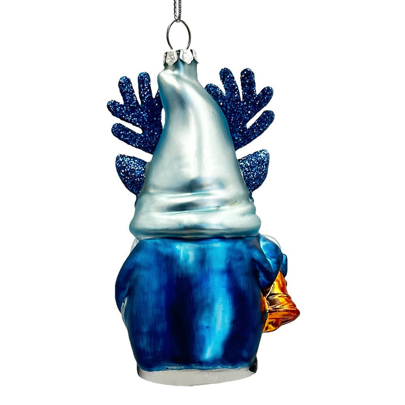 Charming Blue Gnome with Antlers Glass Christmas Ornament