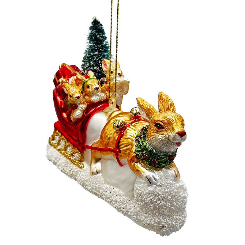 Enchanting Hare and Sleigh Glass Christmas Ornament, Elegant Hand Blown Tree Decor