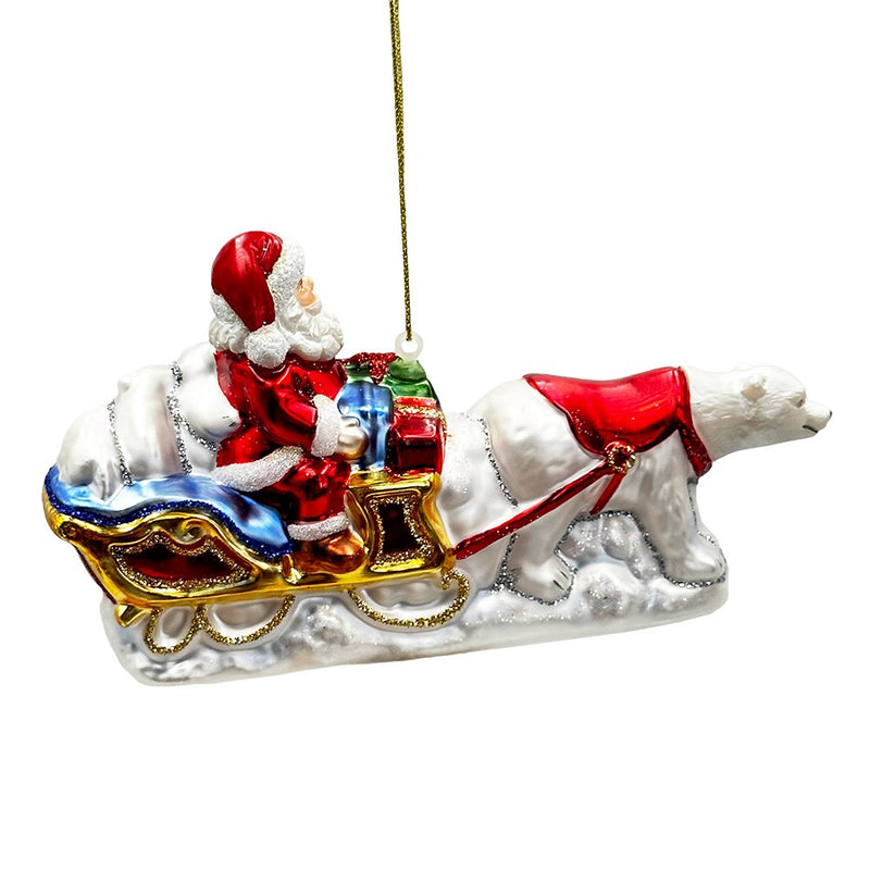 Polar Bear Santa Sleigh Glass Christmas Ornament, Exquisite Handblown Tree Decor