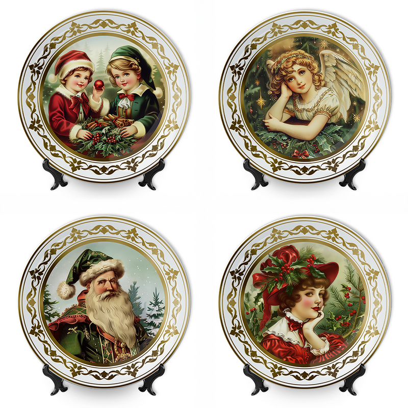 Victorian Elegance Set of 4 Plates with Real Gold Trim, Holiday Christmas Red and Green Tableware Collection for Salad, Dessert, Appetizer, and Side Plates