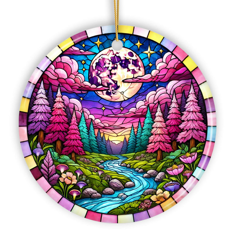 Enchanted Forest Glow Pink Themed Ornament, Mystical Moonlit Landscape Gift and Decor