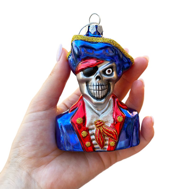 Fierce Pirate Skeleton Glass Ornament, Gothic Skull Ship Captain Spooky Decor