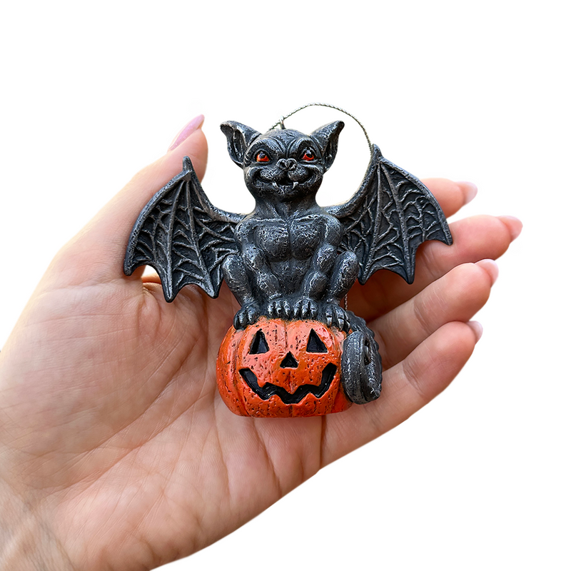 Spooky Gargoyle on a Pumpkin Ornament, Goth Halloween Themed Tree Decor