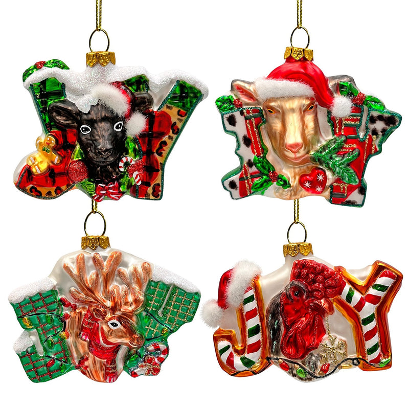 Farm Filled with Joy Set of 4 Glass Christmas Ornaments, Goat, Chicken, Calf and Deer Tree Decorations