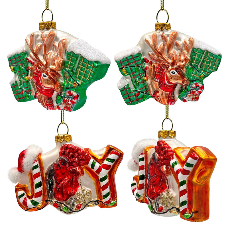 Farm Filled with Joy Set of 4 Glass Christmas Ornaments, Goat, Chicken, Calf and Deer Tree Decorations