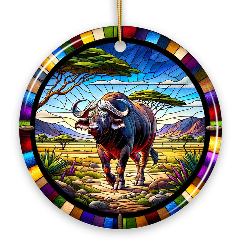 African Buffalo Wildlife Encounter Stained Glass Style Ceramic Ornament, Safari Animals Christmas Gift and Decor