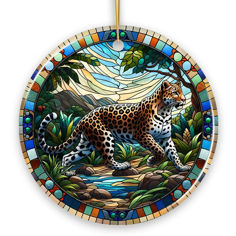 African Leopard Expedition Stained Glass Style Ceramic Ornament, Safari Animals Christmas Gift and Decor