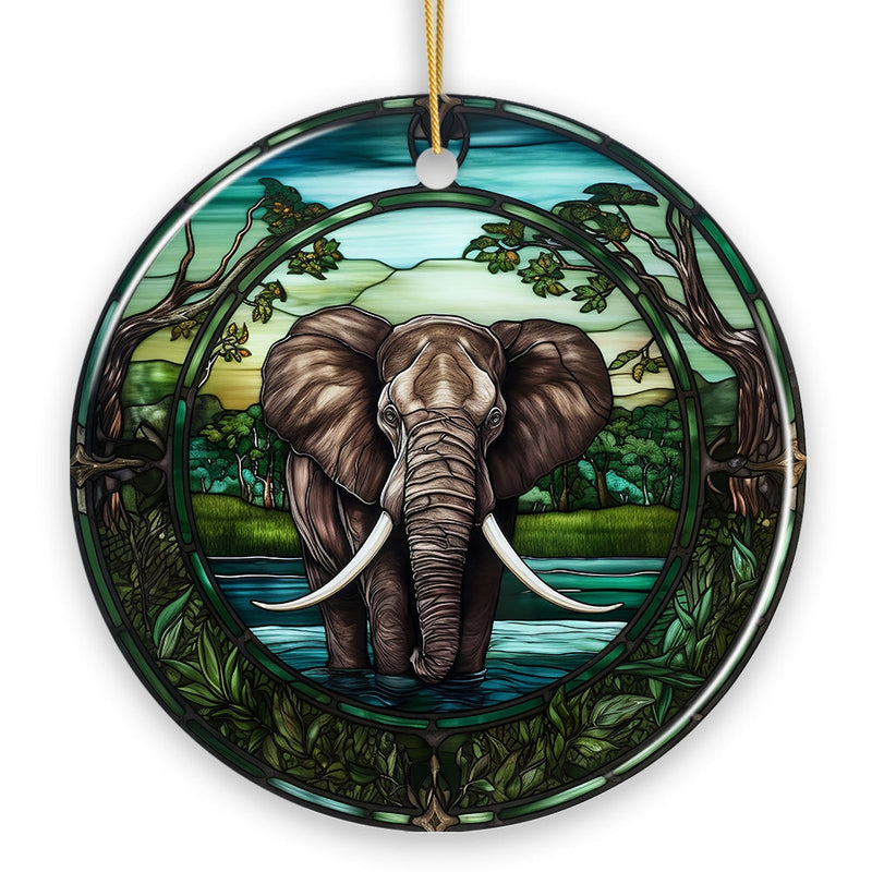 African Pachyderm Elephant Stained Glass Style Ceramic Ornament, Safari Animals Christmas Gift and Decor