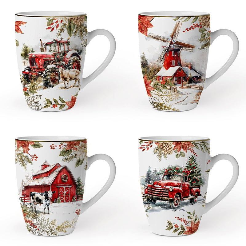 Fancy Farmhouse Holiday Set of 4 Ceramic Mugs with Real Gold Trim, Rustic Christmas Kitchen Coffee Cup Decoration