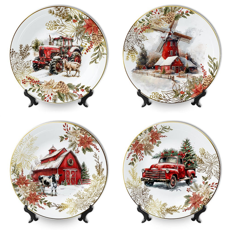 Farmhouse Christmas Set of 4 Plates with Real Gold Elements, Holiday Tableware Collection for Salad, Dessert, Appetizer, and Side Plates