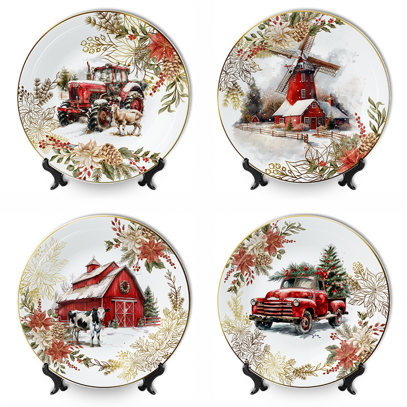 Farmhouse Christmas Set of 4 Plates with Real Gold Elements, Holiday Tableware Collection for Salad, Dessert, Appetizer, and Side Plates