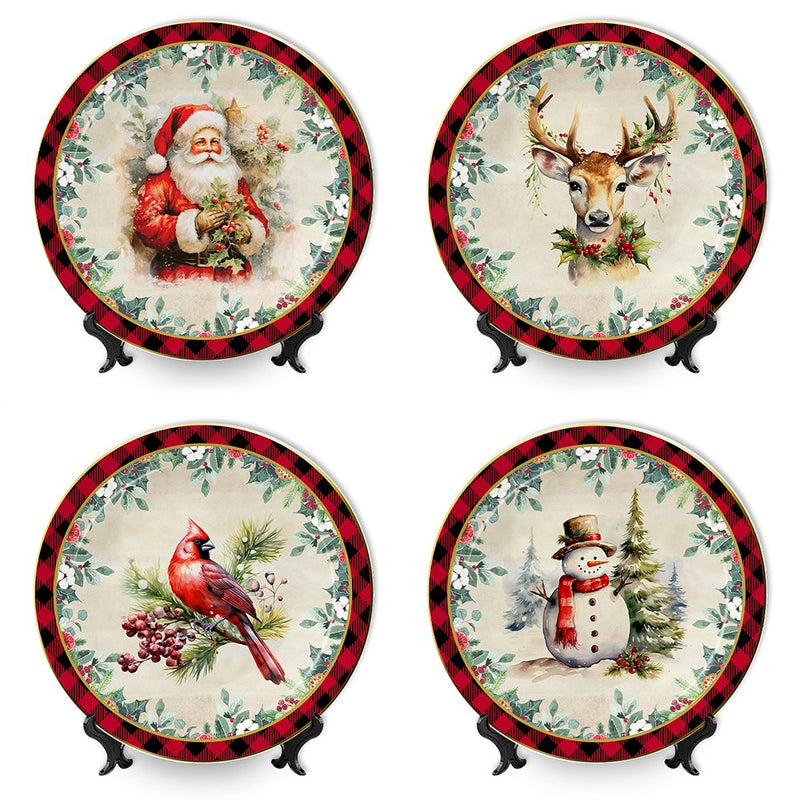 Holiday Cheer Set of 4 Plates with Real Gold Plaid Trim, Christmas Tableware Collection for Salad, Dessert, Appetizer, and Side Plates