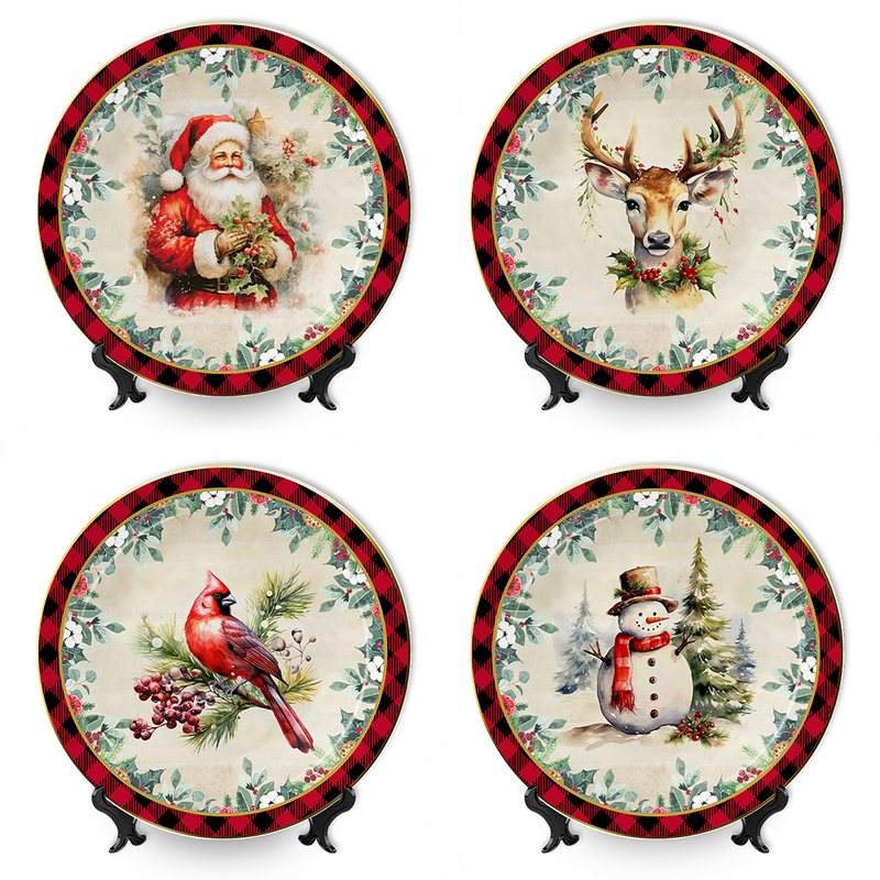 Holiday Cheer Set of 4 Plates with Real Gold Plaid Trim, Christmas Tableware Collection for Salad, Dessert, Appetizer, and Side Plates
