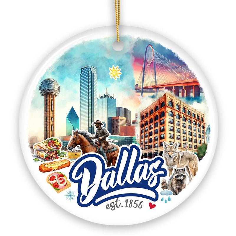 Artistic Dallas Texas Christmas Ornament, Unique Ceramic Keepsake Souvenir and Gift