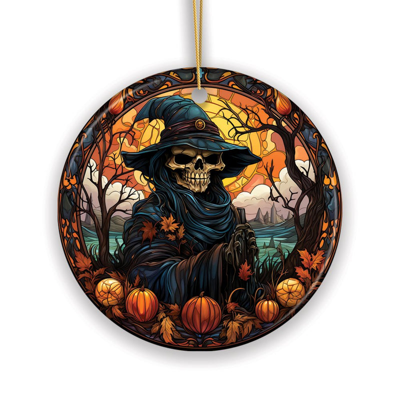 Bewitching Skeletal Sorcery Stained Glass Style Ceramic Ornament, Halloween Themed Christmas Gift and Decor