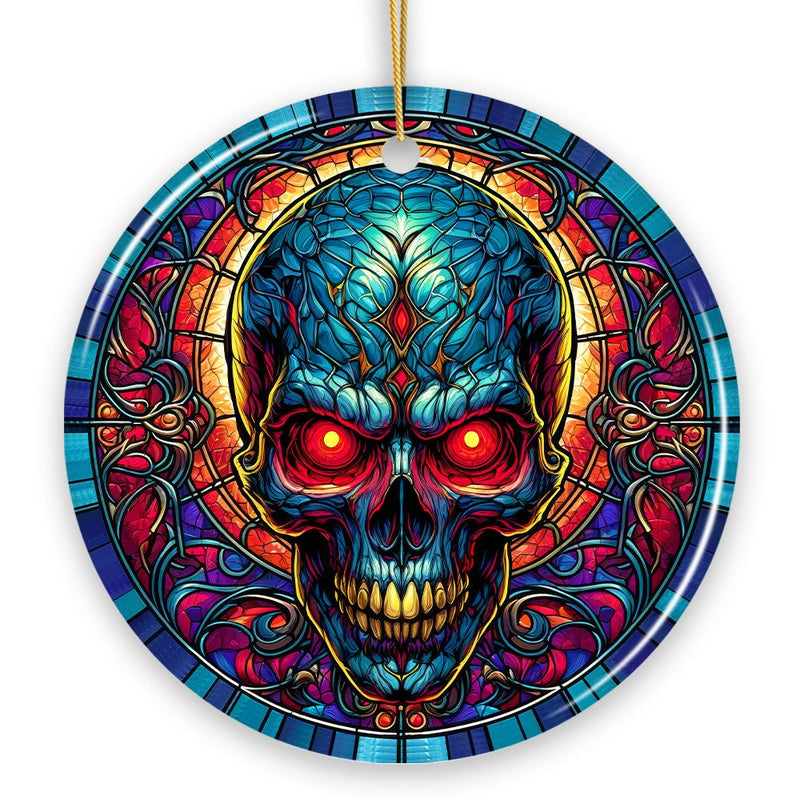 Bone-Chilling Spooky Skull Stained Glass Style Ceramic Ornament, Halloween Themed Christmas Gift and Decor