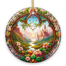 Castle Art with Lush Forest Stained Glass Style Ceramic Ornament, Christmas Gift and Decor