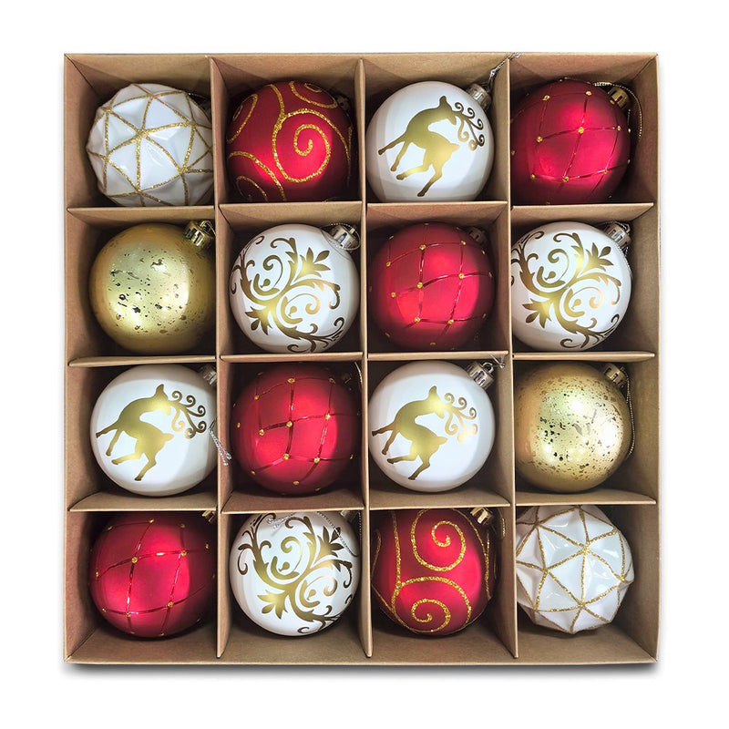 Charming Elegance Ornament Bundle 16 Piece Set, Red White and Gold with Glitter Premium Shatterproof