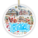 City of North Pole Alaska Artistic Christmas Ornament, Decorated Ceramic Souvenir with Santa and Elf Themes