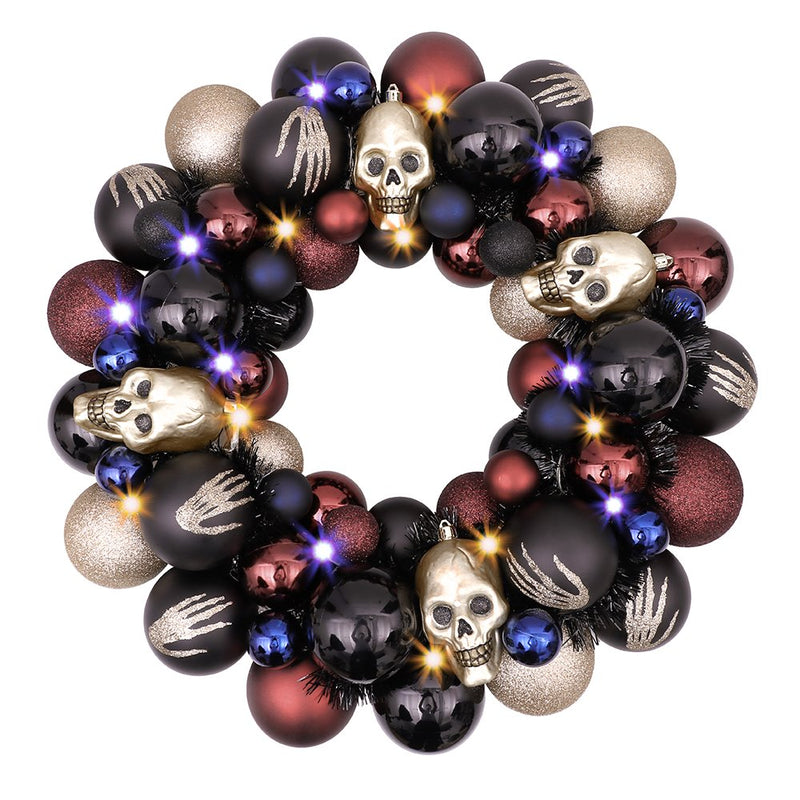 Creep and Glitter Spooky Wreath with Skeleton Skull Baubles, Black, Maroon and Gold Colors with Shiny Glitter