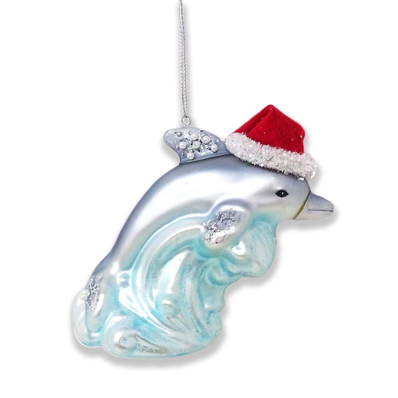 Dolphin and Ocean Wave Glass Christmas Ornament