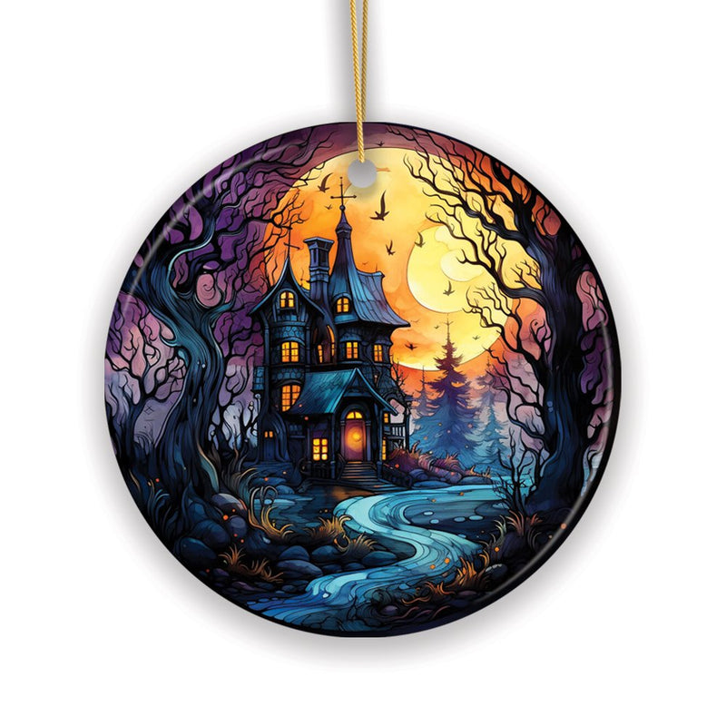 Eerie Abode Amidst Spooky Trees Stained Glass Style Ceramic Ornament, Halloween Themed Christmas Gift and Decor