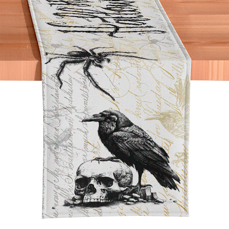 Elegant 72" Gothic Jacquard Table Runner, Halloween Tablecloth with Spider Webs and Black Ravens